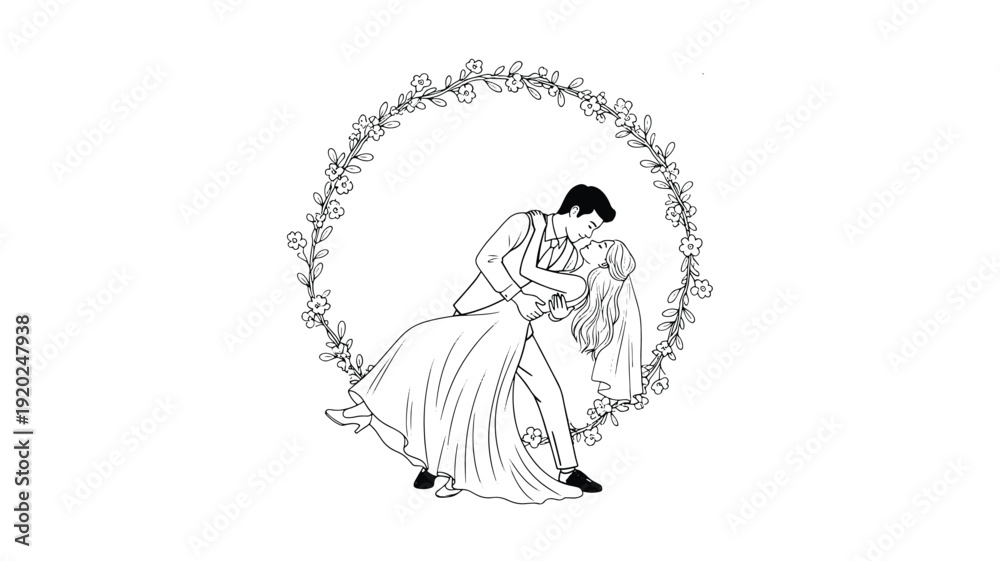 Obraz premium Couple Dancing in Floral Wreath with Elegant Line Art in Monochrome for Wedding Invitation