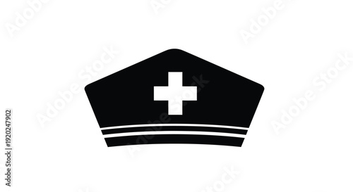 Simple black and white icon of a nautical captain s cap with a cross