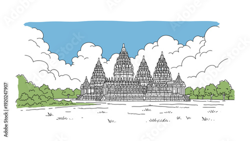 Hand-drawn illustration of the majestic Prambanan Temple complex under a cloudy sky