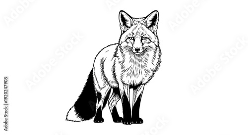 Elegant Black and White Fox Illustration, Detailed Wild Animal Artwork, Vintage Engraving Style Wildlife Drawing Isolated on White