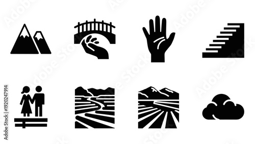 Collection of eight black and white icons representing nature, relationships, and progress