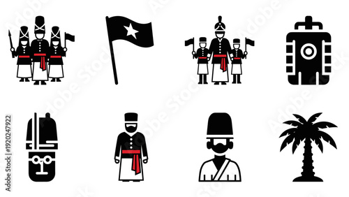 Collection of historical figures, flags, and cultural symbols in black and white icons