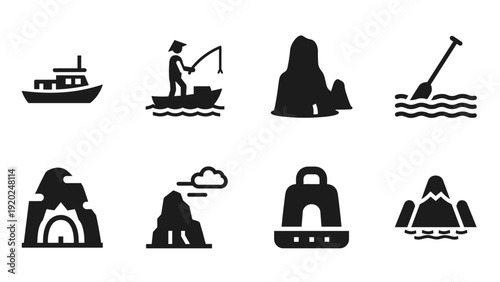 Collection of silhouette icons representing various water and mountain travel and adventure themes