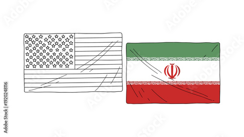 Hand-drawn illustration of the US and Iran flags side-by-side on a white background