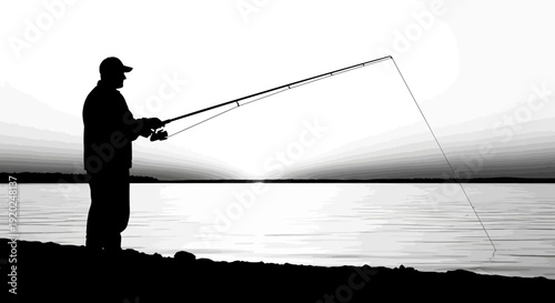 Serene black and white silhouette of a person fishing from the shore, casting a line into a calm lake or sea at sunrise or sunset.