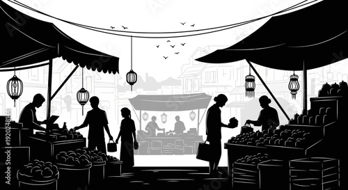 Vibrant traditional outdoor market illustration with busy shoppers and vendor stalls. Black and white silhouette street scene.