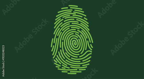 A vibrant green fingerprint pattern displayed on a dark green background, symbolizing digital identity, biometric security, authentication, and uniqueness.