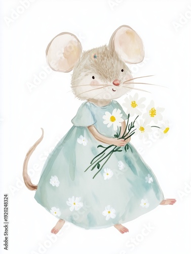Cute Watercolor Mouse Illustration Holding Daisies in Pastel Dress, Gentle Nursery Art Style