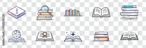 Hand Drawn Book Icons Set Education, Knowledge and Reading. Vector Collection with Library Stacks, Open Books, Research and Learning Symbols