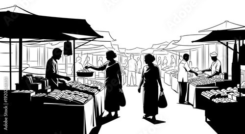 Bustling outdoor marketplace scene with vendors selling fresh produce and goods to shoppers in a traditional setting