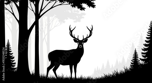 Majestic deer with large antlers standing in a serene, natural forest silhouette illustration.