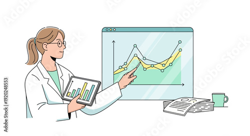 Female Scientist Analyzing Data on Computer Screen.