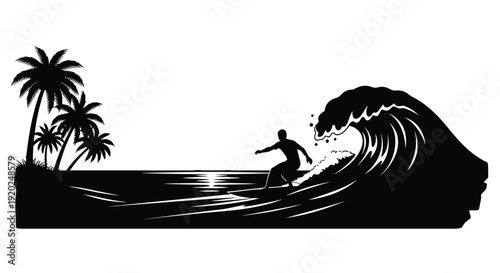 Silhouetted surfer riding a wave under a setting sun with palm trees