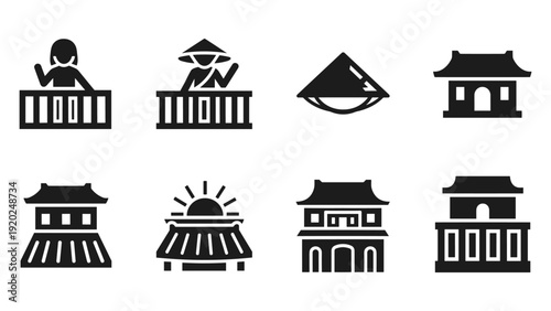 Collection of Asian cultural icons featuring traditional architecture and people