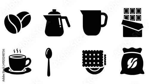 Collection of black icons representing coffee and breakfast items on a white background