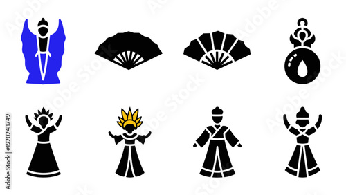 Collection of stylized cultural icons featuring traditional clothing and accessories