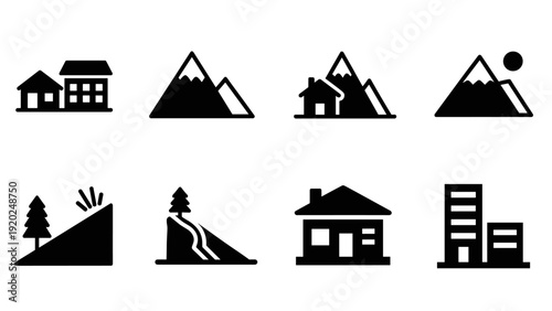 Collection of black icons representing houses, mountains, and natural disasters like landslides