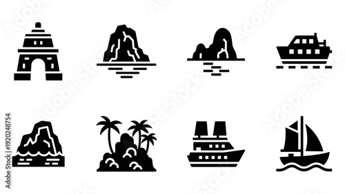 Collection of travel and vacation icons featuring landmarks, islands, and boats