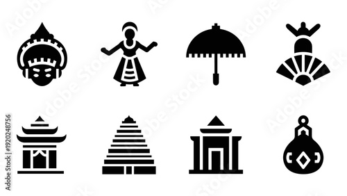Collection of traditional Asian cultural icons and symbols in silhouette