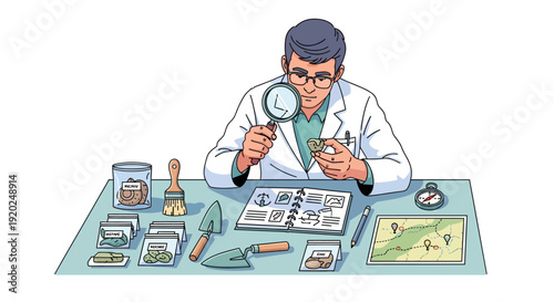 Scientist Examining Specimen with Magnifying Glass.