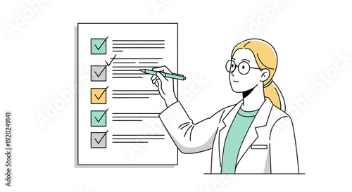Female Scientist Reviewing Checklist on Clipboard.