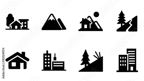 Set of icons depicting natural disasters and urban environments