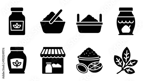 Collection of black icons representing natural ingredients and food products