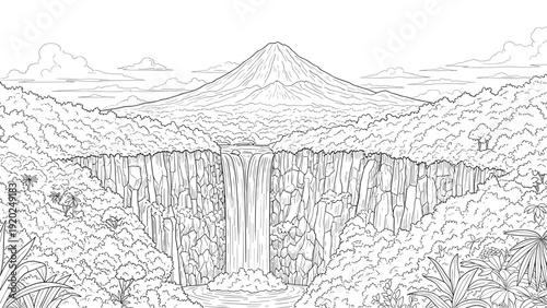 Majestic waterfall cascading down a cliff face with a volcano in the background