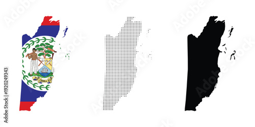 belize map with national flag coat of arms halftone dotted pattern solid black vector set