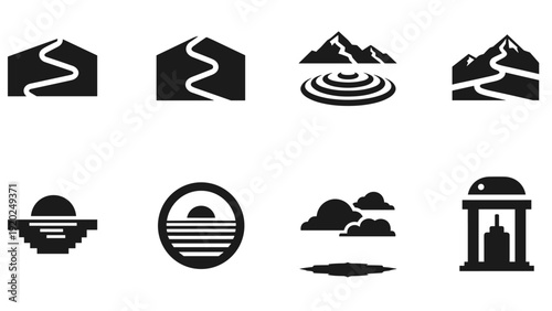 Collection of minimalist landscape icons representing nature and abstract elements