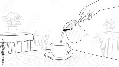 Hand pouring hot coffee from a cezve into a cup in a cafe setting