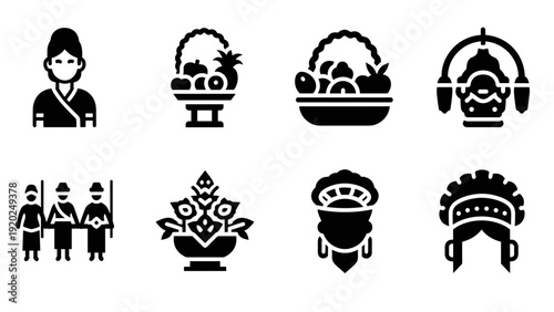 Collection of traditional Asian cultural icons representing people and offerings