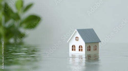 Flooded house model indoor setting miniature display calm environment close-up perspective water damage concept