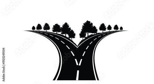 A diverging roadway framed by silhouetted trees illustrating a choice or decision