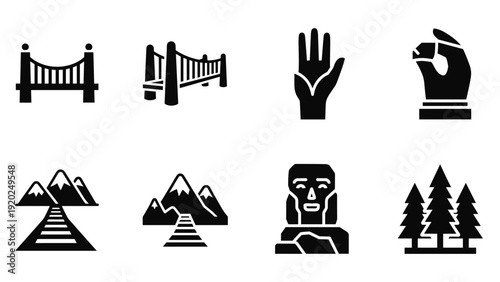 Collection of iconic landmark and nature silhouette icons for travel and adventure themes