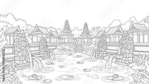 Traditional Balinese temple complex with ornate fountains and serene water garden