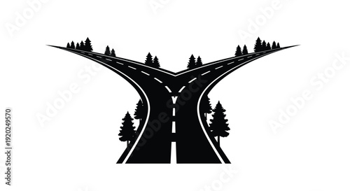 A diverging roadway illustration with stylized trees on either side