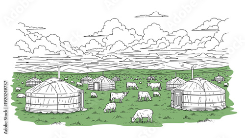 Nomadic ger village with livestock grazing on a vast green steppe under cloudy skies