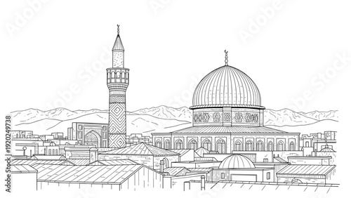 Line art drawing of a mosque with a dome and minaret against a mountain backdrop