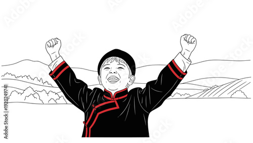 Joyful child in traditional clothing celebrating with raised fists in a rural landscape