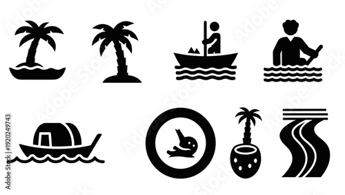 Collection of black icons representing tropical islands, boats, and water activities