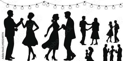 Couples dancing silhouettes collection vector illustration, romantic party scenes under string lights isolated on white background