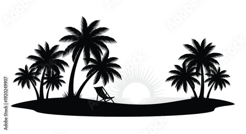 Black and white silhouette of tropical island with palm trees and a beach