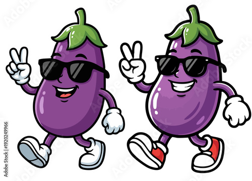 funny cartoon illustration of a happy eggplant in retro style