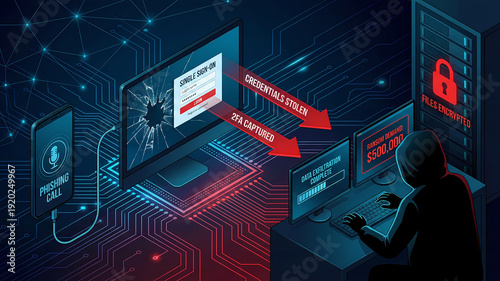Internet attack scheme - Cybersecurity Attack Workflow Infographic: Phishing Call, 2FA Theft and Ransomware Extortion
