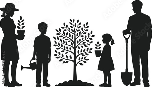 Family planting tree silhouettes vector illustration, parents and children gardening together isolated on white background for environmental concept
