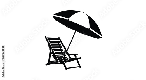 Black and white illustration of a beach chair and parasol