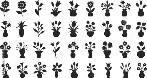Flower pot silhouette collection, decorative floral vase icons isolated on white background for botanical design