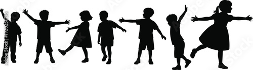 Happy children silhouettes collection vector illustration, playful kids with open arms isolated on white background for childhood concept