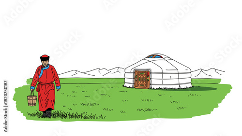 Mongolian man in traditional clothing walks with a bucket towards a yurt on a grassy plain